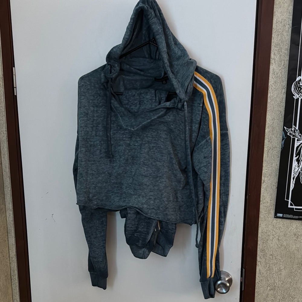 Denim Blue Sweat Suit with Yellow and White Stripes